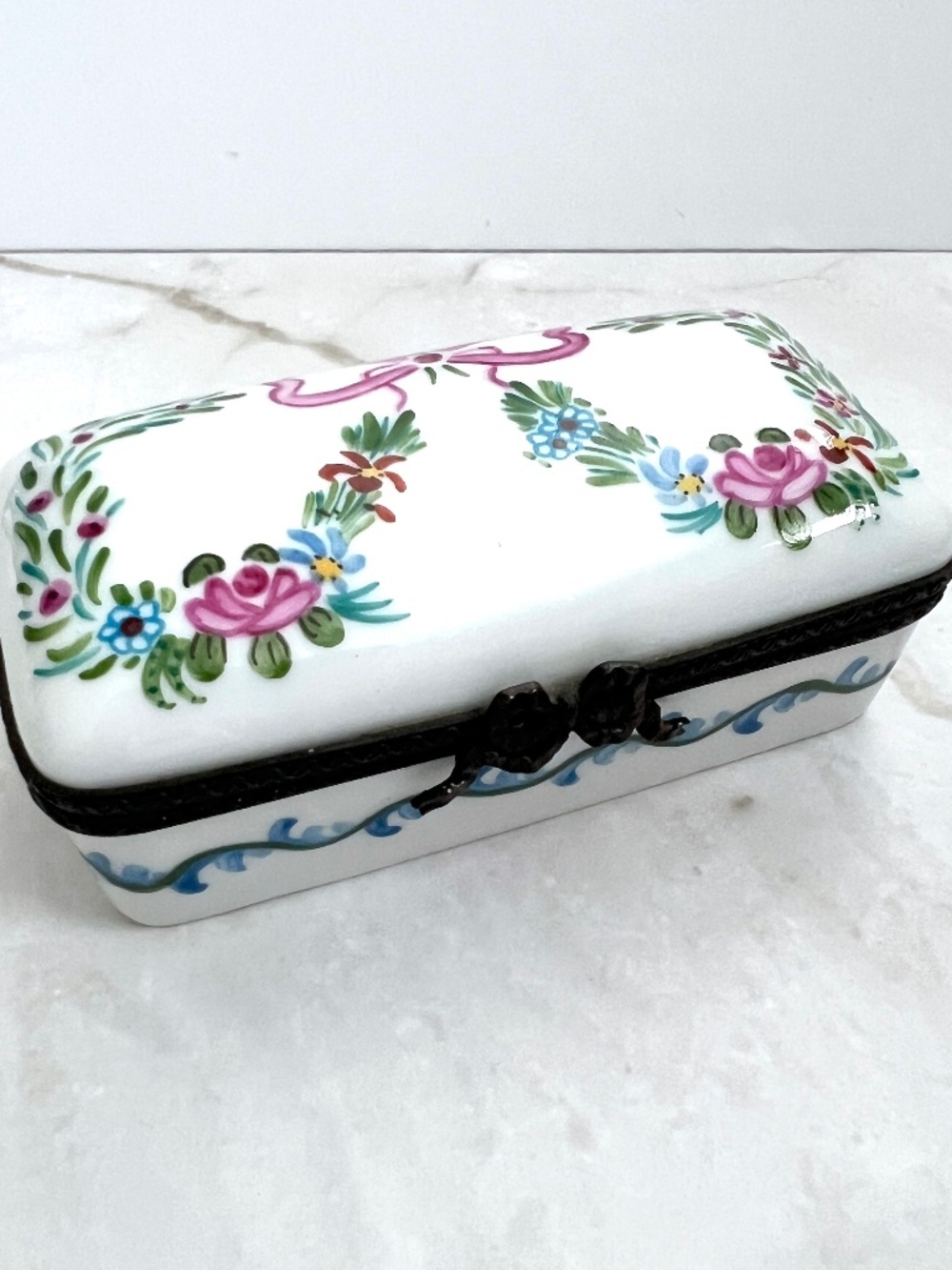 Vintage Limoges France Divided Pill Box Hand Painted Rose Floral Peint Main